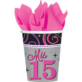 Elegant Mis Quince Años Birthday Party Paper Cups Drinkware (8 Pack), Black/Gray, 9 oz.